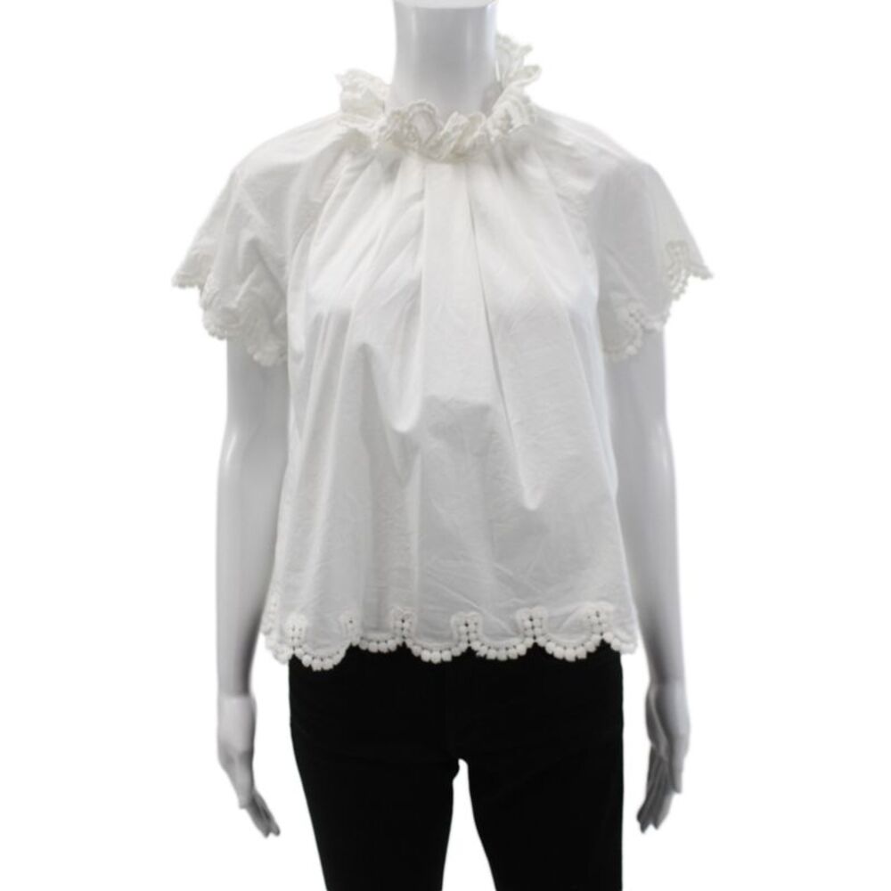 Sea New York Women White Cotton Mock Neck Tie Blouse Short Sleeve Size 0